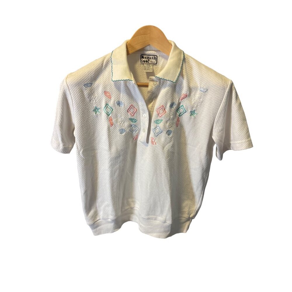 Vintage Keneth Too White Pastel Embroidered Collared Short Sleeved Top Sz M